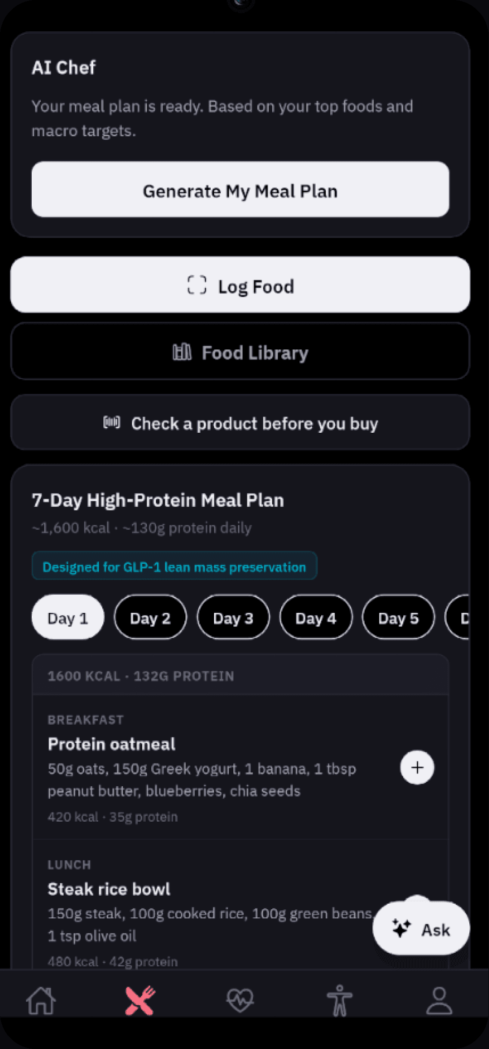 The Fit Lens AI Chef screen with Log Food, Food Library, and Check a Product actions, and a generated 7-day high-protein meal plan with per-meal macros