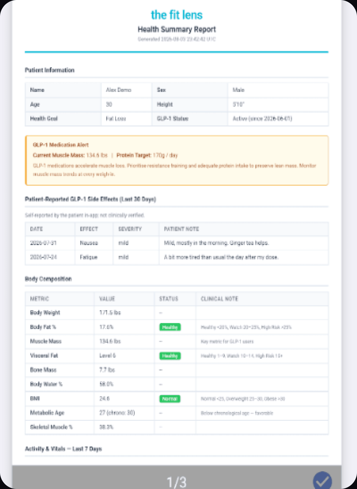 The Fit Lens Health Summary Report PDF showing patient information, a GLP-1 medication alert, self-reported side effects, and a body composition metrics table
